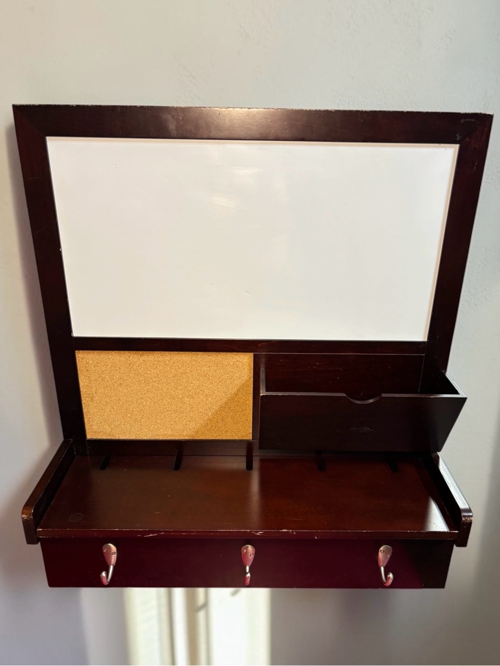 Wall-Mounted Organizer with Whiteboard and Cork - Dark Wood